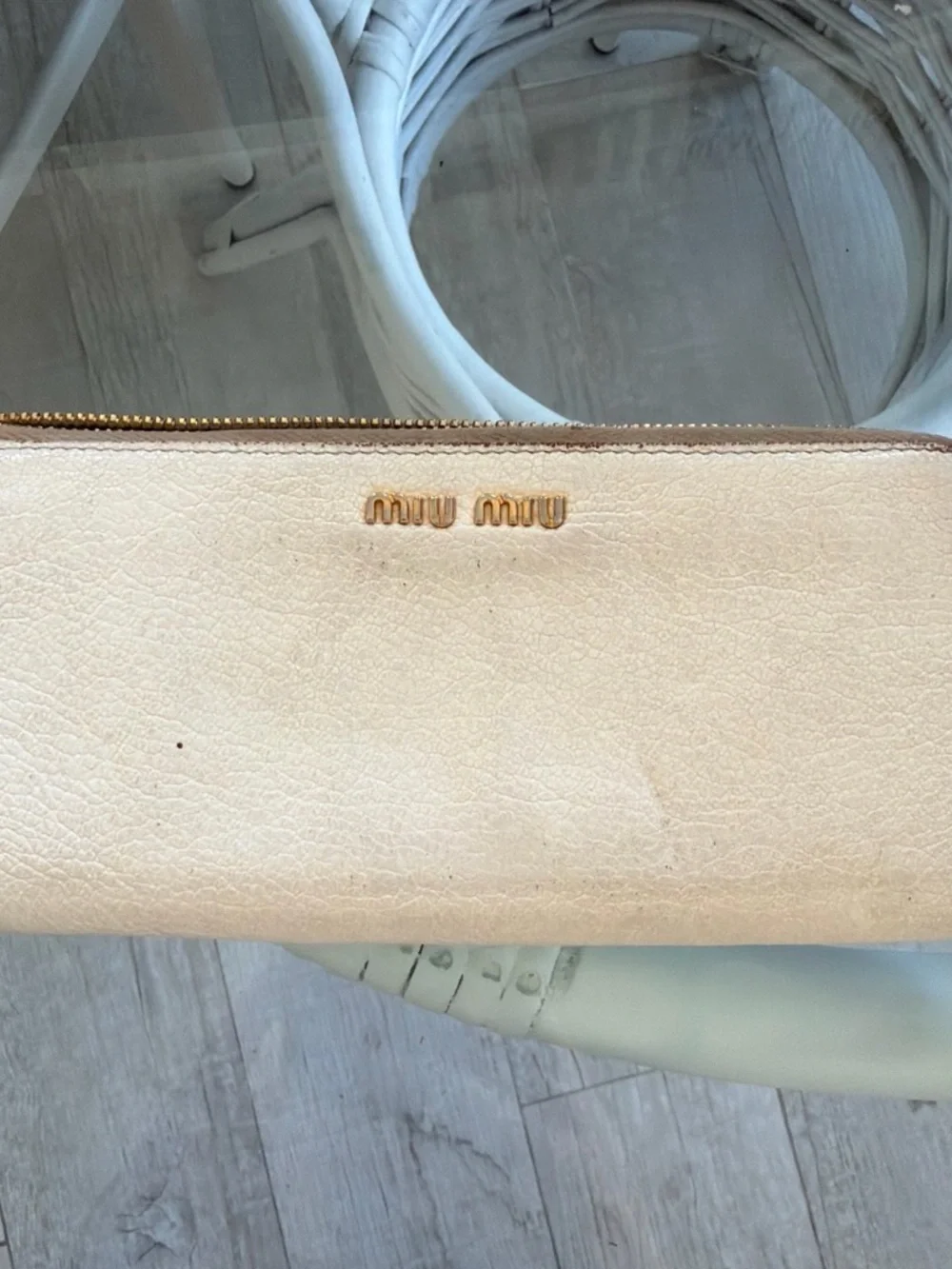 Miu Miu Cream Leather Zip Wristlet with Gold Logo